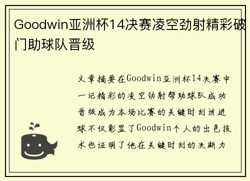 Goodwin亚洲杯14决赛凌空劲射精彩破门助球队晋级